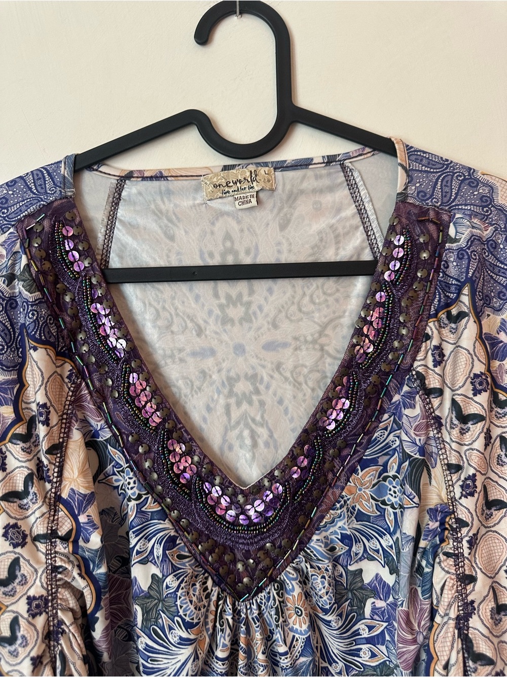 ONE WORLD Purple & Blue Embellished Sparkle V-Neck Boho Blouse Size Large - Picture 3 of 5